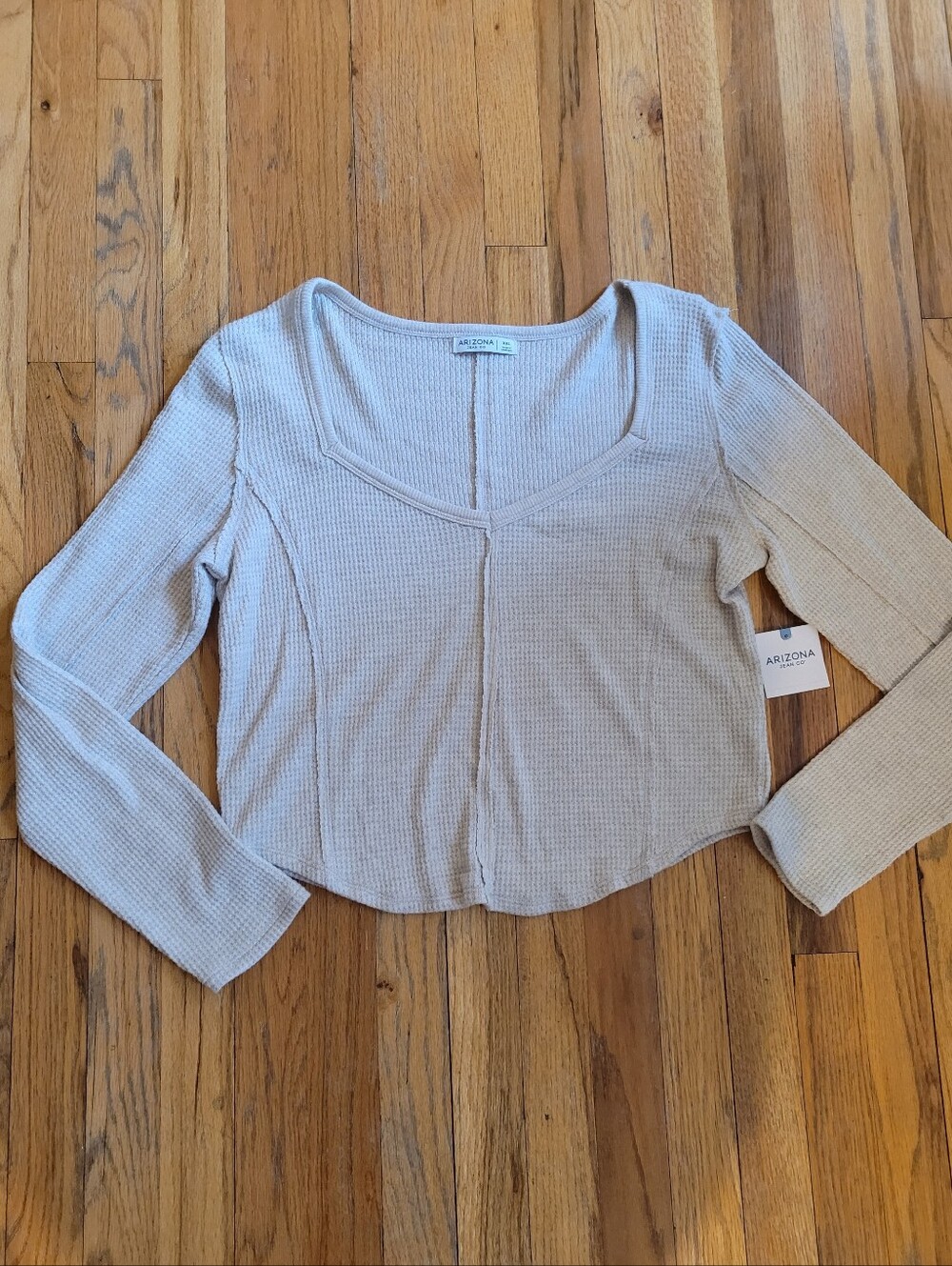 Arizona Jean Company Lightweight Waffle-Knit Long Sleeve Top in Beige XXL